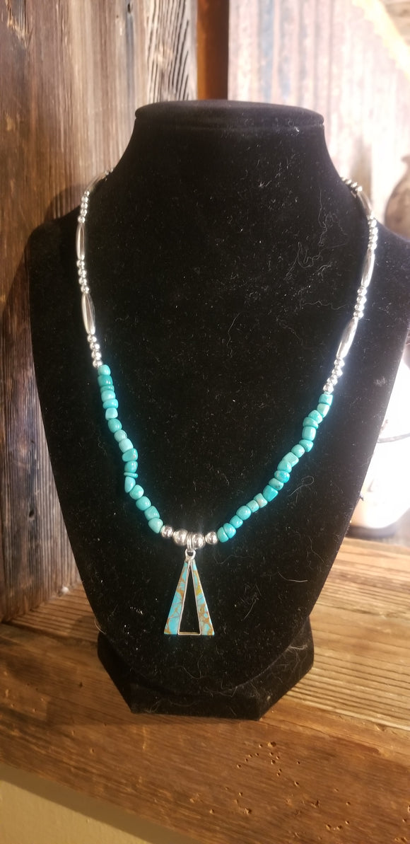Triangle Boulder Turquoise Pendent with Turq Necklace