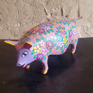 Carved Pig with Colorful Flowers