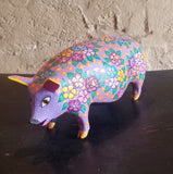 Carved Pig with Colorful Flowers